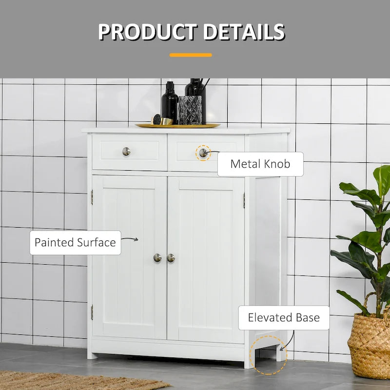 Meuble de rangement de salle de bain sur pied avec 2 tiroirs et étagère réglable, blanc