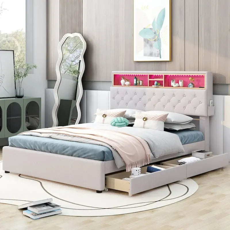 Lit plateforme rembourré pleine grandeur avec éclairage DEL, recharge USB et rangement