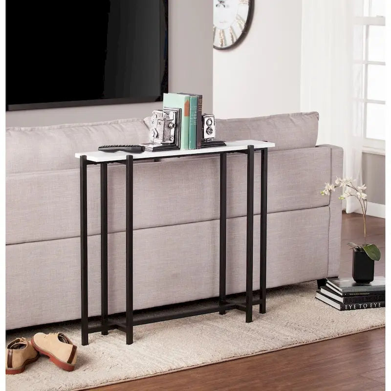 Table console contemporaine étroite blanc et noir laqué brillant