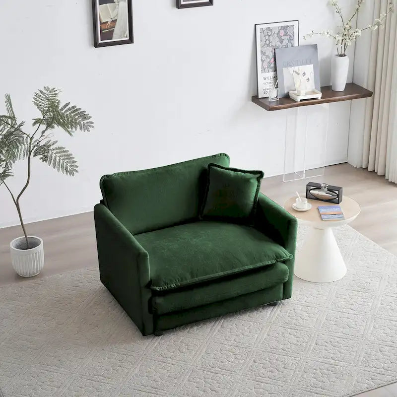 Comfy Deep Single Seat Sofa Upholstered Reading Armchair Living Room Chair Green Chenille Fabric , 1 Toss Pillow