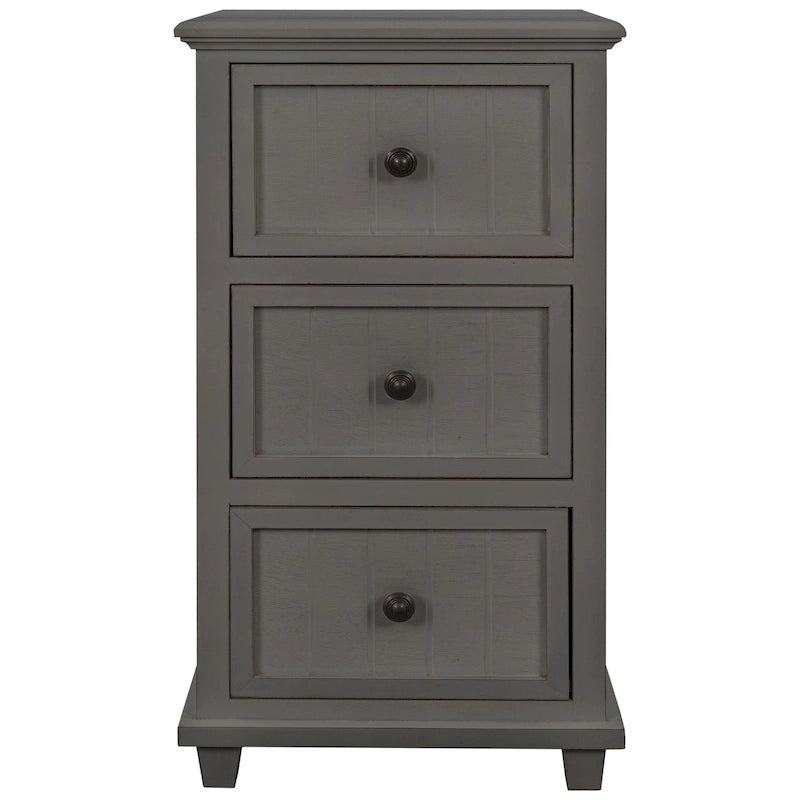 Table de chevet à trois tiroirs avec façade à panneaux, finition gris délavé vieilli