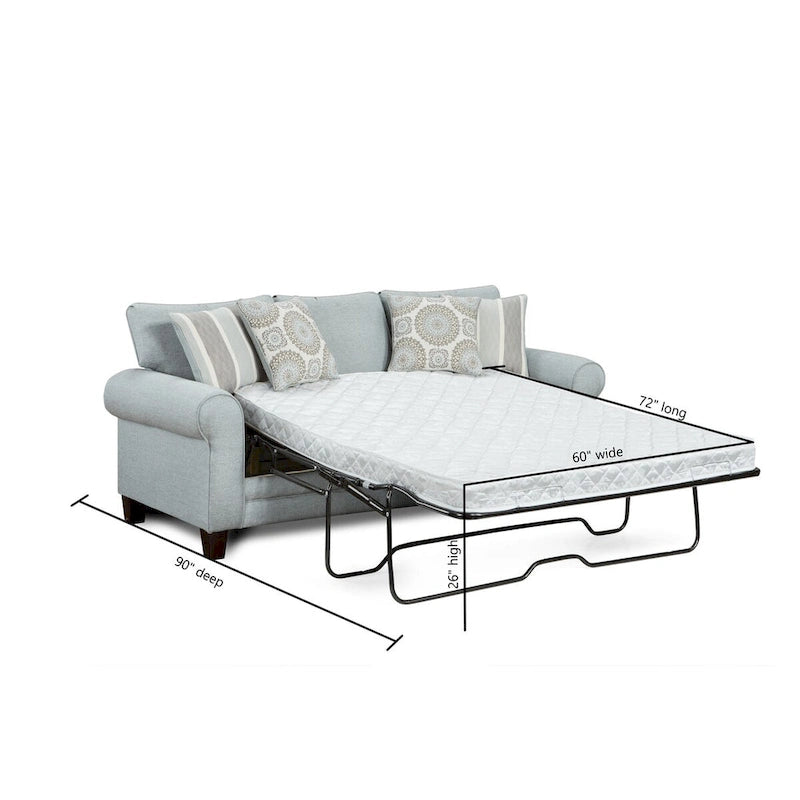 Canapé convertible avec coussins réversibles, accoudoirs arrondis et pieds fuselés, gris-bleu