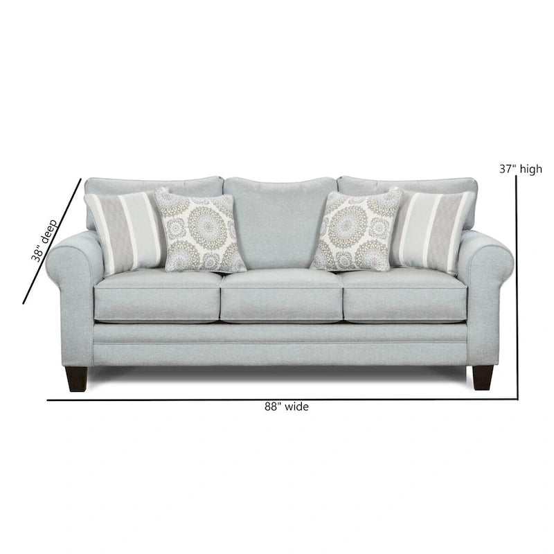 Canapé convertible avec coussins réversibles, accoudoirs arrondis et pieds fuselés, gris-bleu