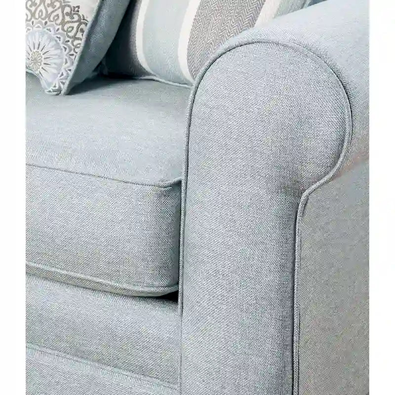 Canapé convertible avec coussins réversibles, accoudoirs arrondis et pieds fuselés, gris-bleu