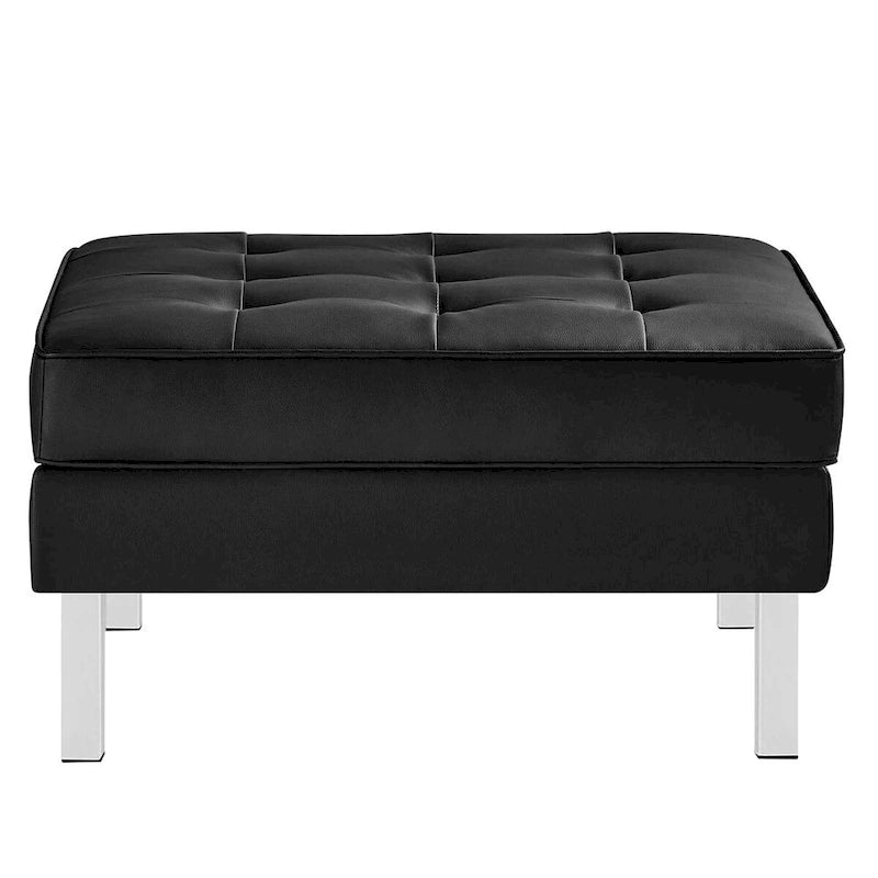 Repose-pieds capitonné en cuir végétalien de style Mid-Century avec pieds en acier inoxydable
