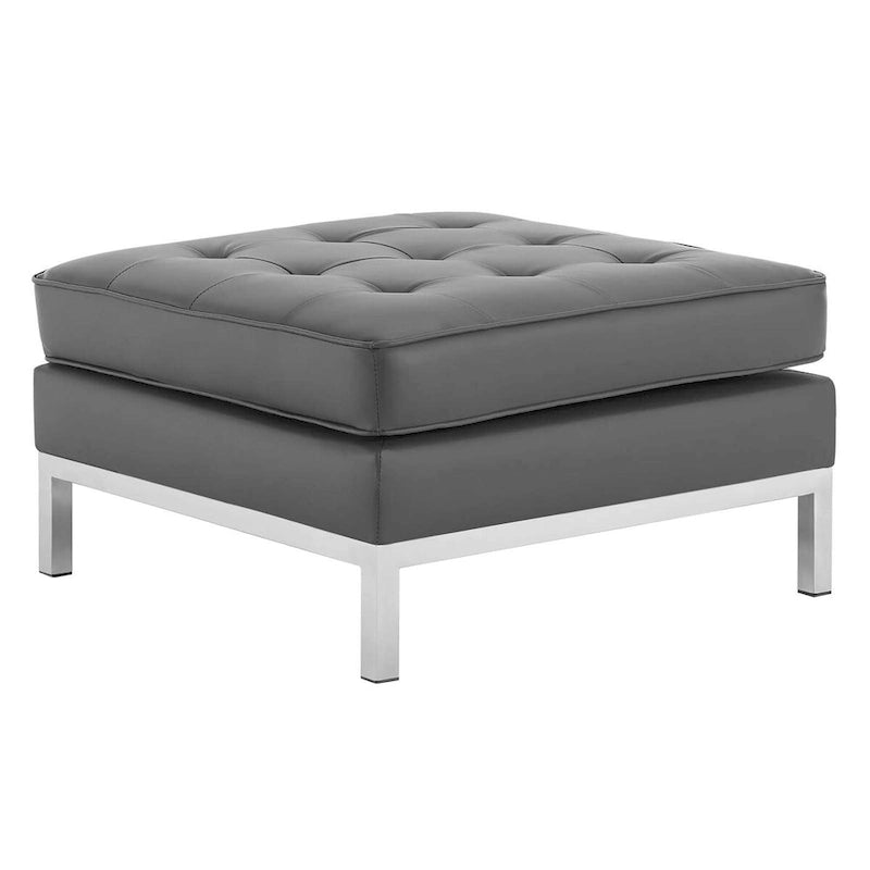 Repose-pieds capitonné en cuir végétalien de style Mid-Century avec pieds en acier inoxydable