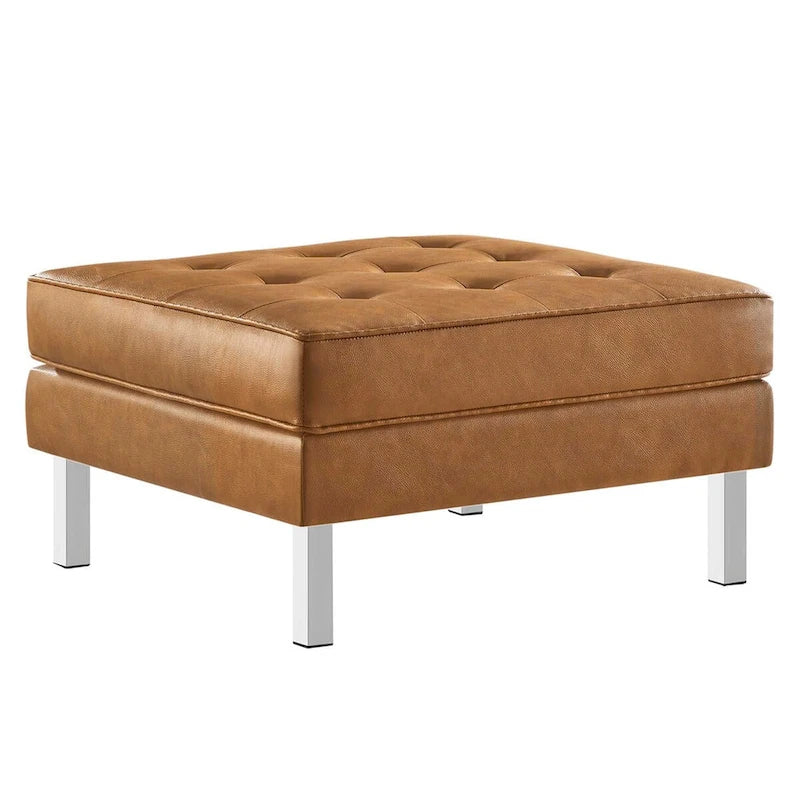 Repose-pieds capitonné en cuir végétalien de style Mid-Century avec pieds en acier inoxydable
