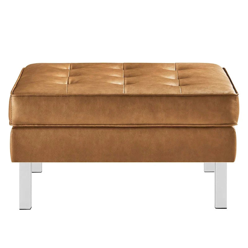 Repose-pieds capitonné en cuir végétalien de style Mid-Century avec pieds en acier inoxydable
