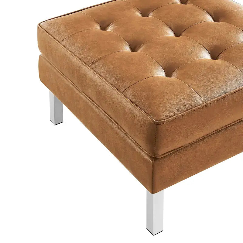 Repose-pieds capitonné en cuir végétalien de style Mid-Century avec pieds en acier inoxydable