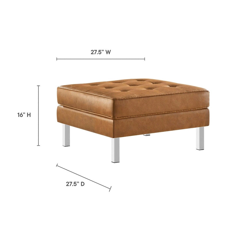 Repose-pieds capitonné en cuir végétalien de style Mid-Century avec pieds en acier inoxydable