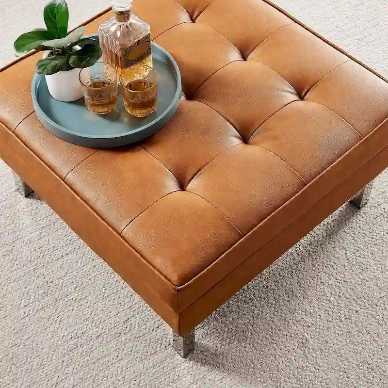 Repose-pieds capitonné en cuir végétalien de style Mid-Century avec pieds en acier inoxydable