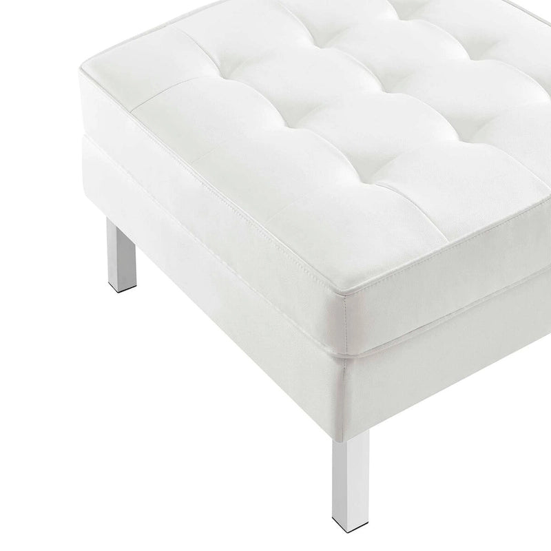 Repose-pieds capitonné en cuir végétalien de style Mid-Century avec pieds en acier inoxydable