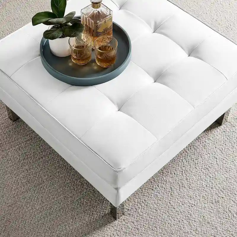 Repose-pieds capitonné en cuir végétalien de style Mid-Century avec pieds en acier inoxydable