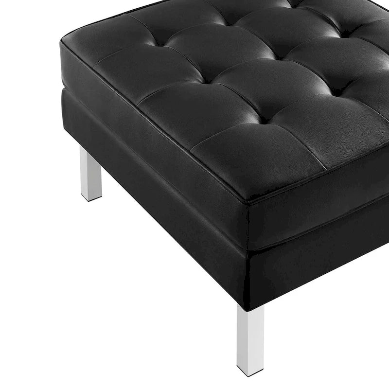 Repose-pieds capitonné en cuir végétalien de style Mid-Century avec pieds en acier inoxydable