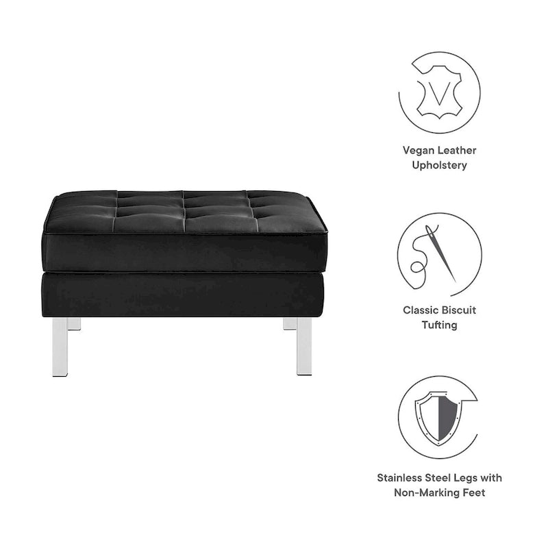 Repose-pieds capitonné en cuir végétalien de style Mid-Century avec pieds en acier inoxydable