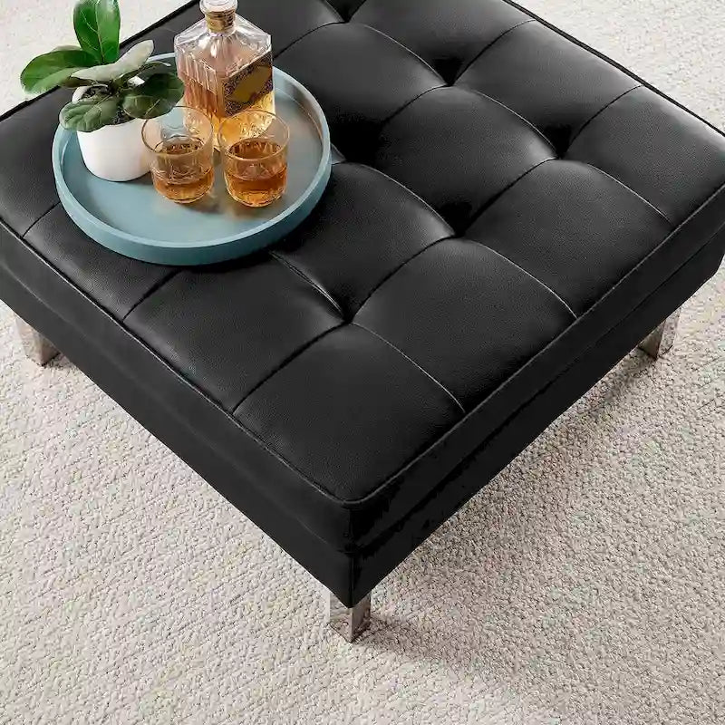 Repose-pieds capitonné en cuir végétalien de style Mid-Century avec pieds en acier inoxydable