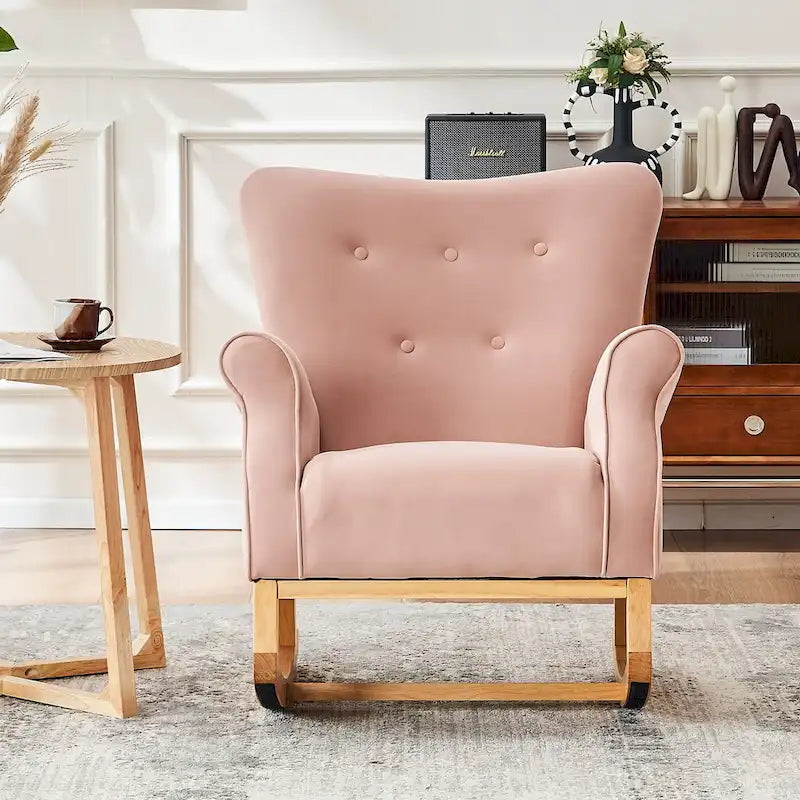 Fauteuil à bascule d'appoint en velours à dossier haut avec pieds en bois massif