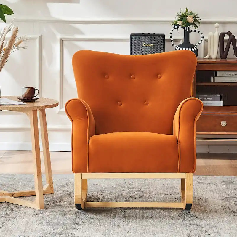 Fauteuil à bascule d'appoint en velours à dossier haut avec pieds en bois massif