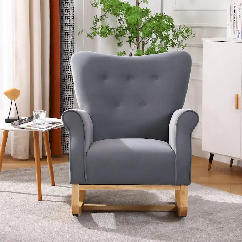 Fauteuil à bascule d'appoint en velours à dossier haut avec pieds en bois massif
