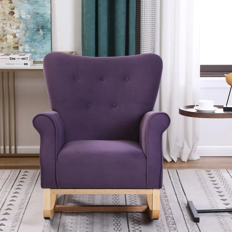 Fauteuil à bascule d'appoint en velours à dossier haut avec pieds en bois massif