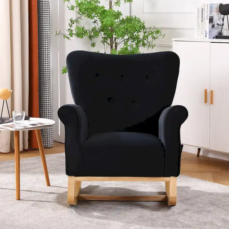Fauteuil à bascule d'appoint en velours à dossier haut avec pieds en bois massif