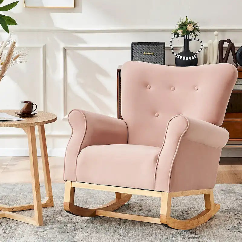 Fauteuil à bascule d'appoint en velours à dossier haut avec pieds en bois massif