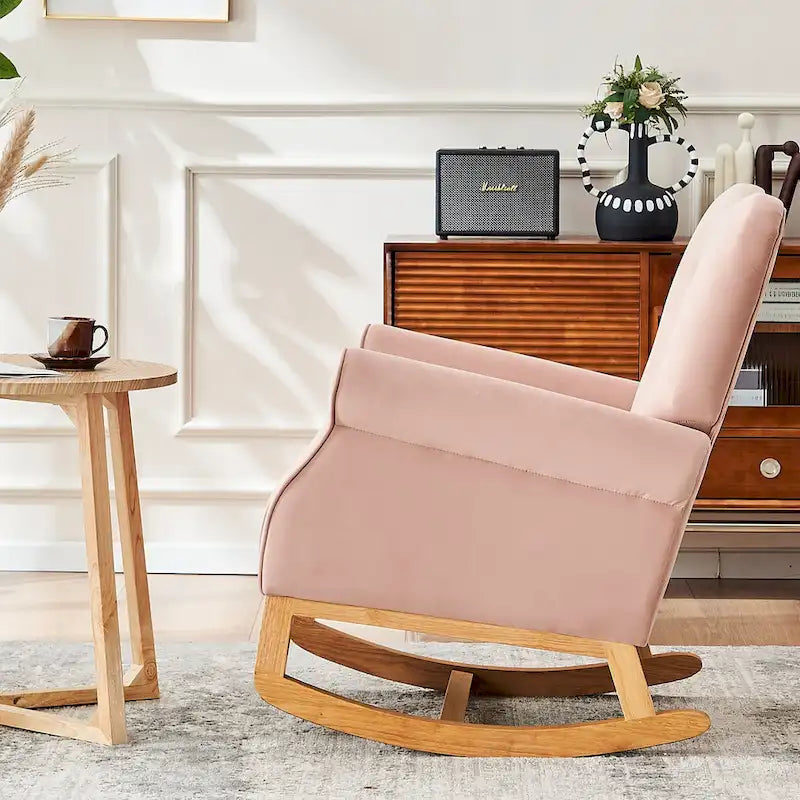 Fauteuil à bascule d'appoint en velours à dossier haut avec pieds en bois massif