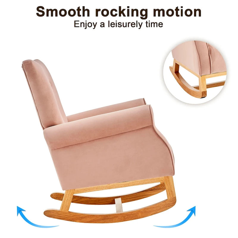Fauteuil à bascule d'appoint en velours à dossier haut avec pieds en bois massif