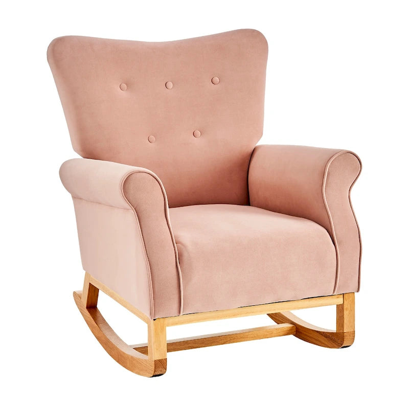 Fauteuil à bascule d'appoint en velours à dossier haut avec pieds en bois massif