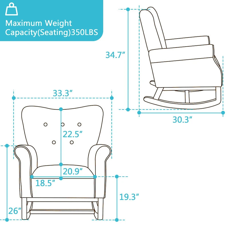 Fauteuil à bascule d'appoint en velours à dossier haut avec pieds en bois massif