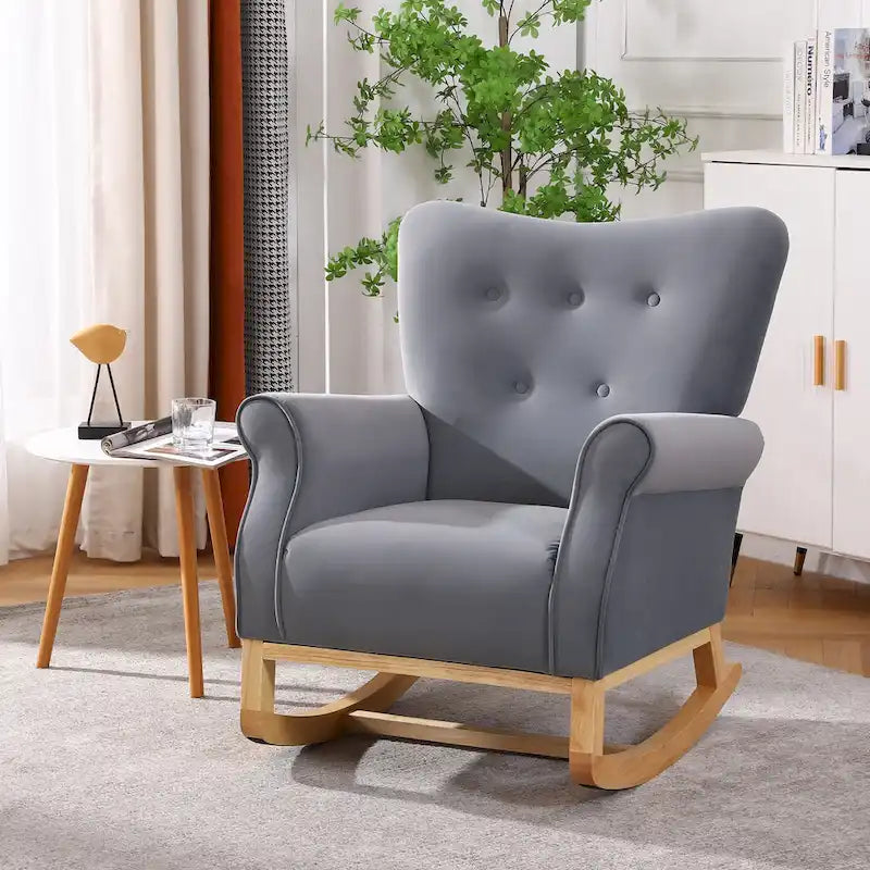 Fauteuil à bascule d'appoint en velours à dossier haut avec pieds en bois massif