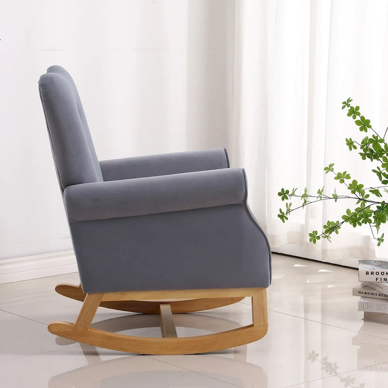 Fauteuil à bascule d'appoint en velours à dossier haut avec pieds en bois massif