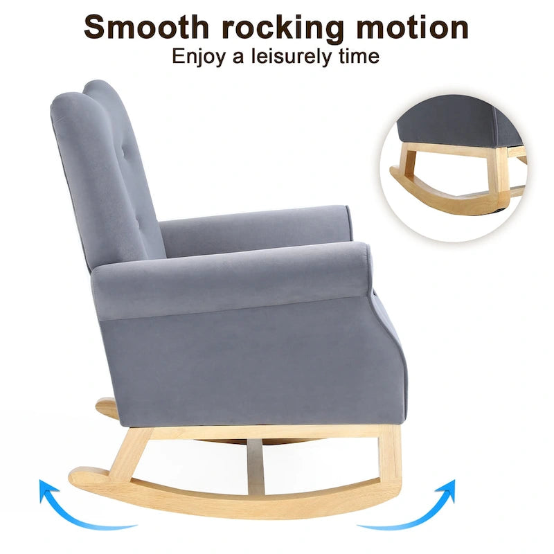Fauteuil à bascule d'appoint en velours à dossier haut avec pieds en bois massif