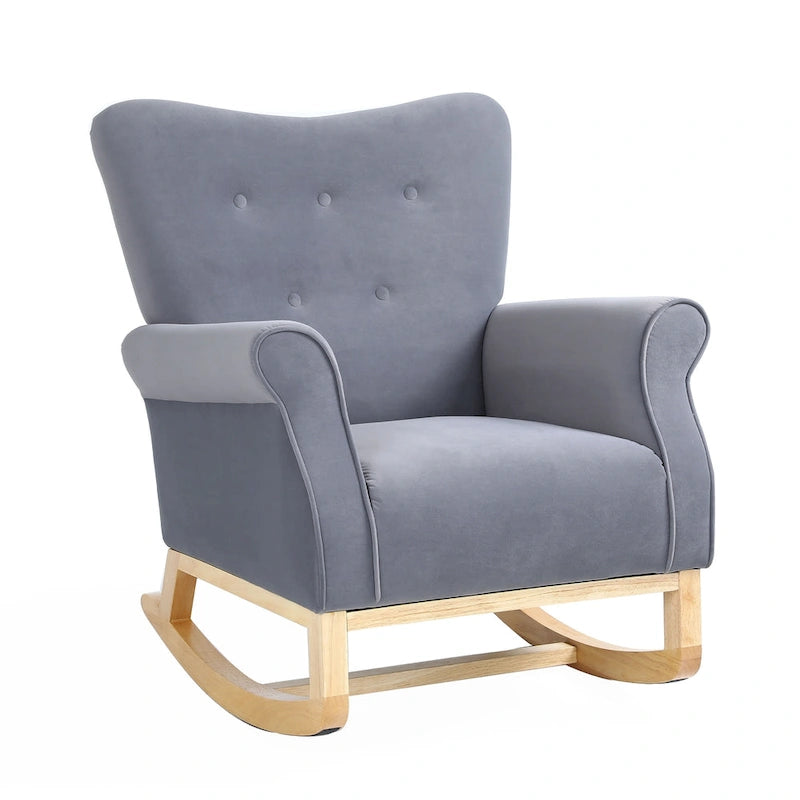 Fauteuil à bascule d'appoint en velours à dossier haut avec pieds en bois massif