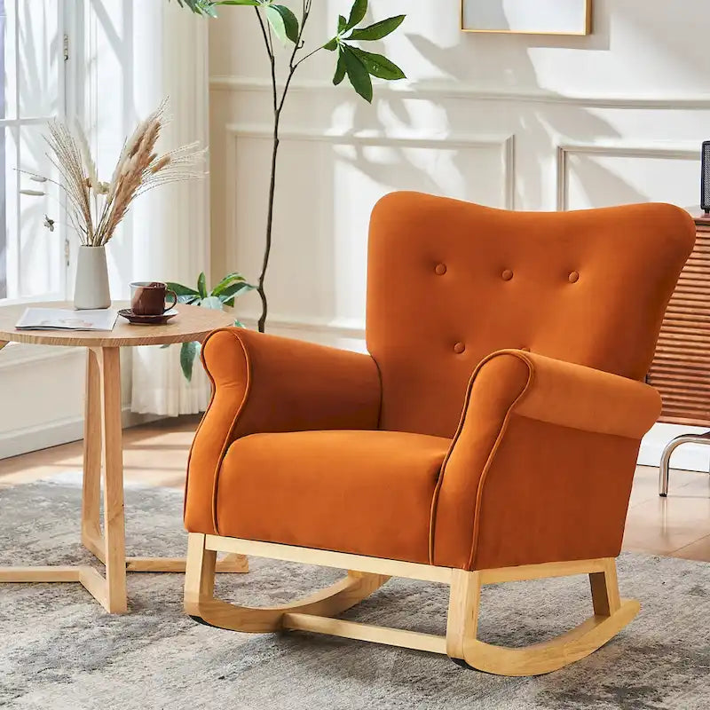 Fauteuil à bascule d'appoint en velours à dossier haut avec pieds en bois massif
