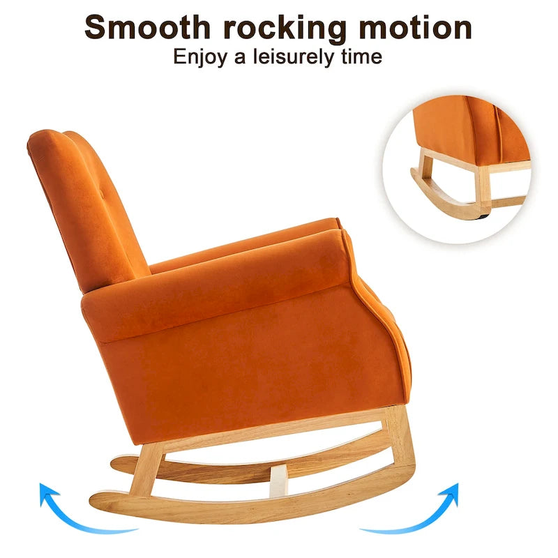 Fauteuil à bascule d'appoint en velours à dossier haut avec pieds en bois massif