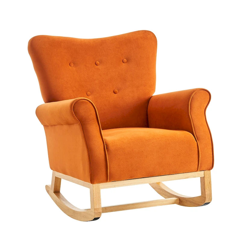 Fauteuil à bascule d'appoint en velours à dossier haut avec pieds en bois massif
