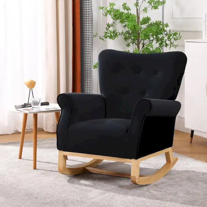 Fauteuil à bascule d'appoint en velours à dossier haut avec pieds en bois massif