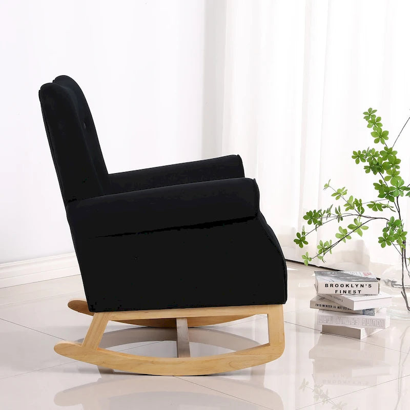Fauteuil à bascule d'appoint en velours à dossier haut avec pieds en bois massif
