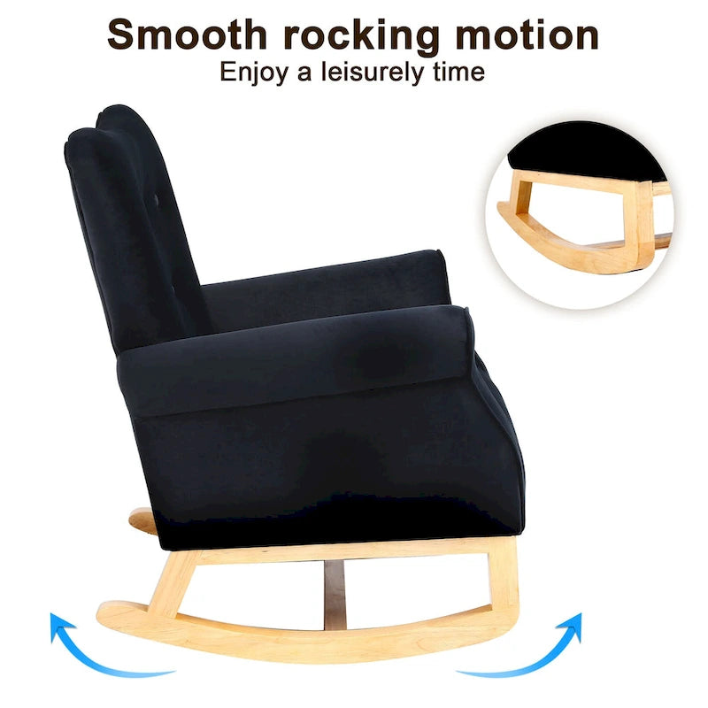 Fauteuil à bascule d'appoint en velours à dossier haut avec pieds en bois massif