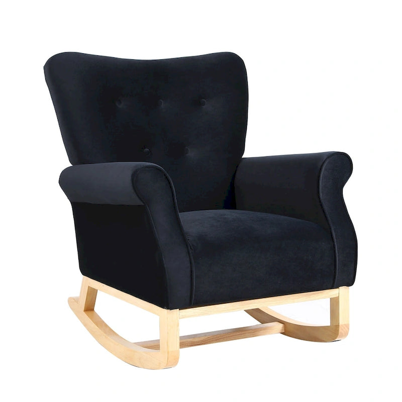 Fauteuil à bascule d'appoint en velours à dossier haut avec pieds en bois massif