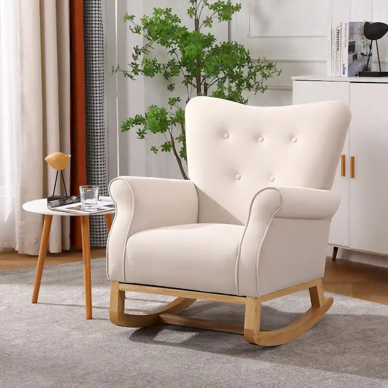 Fauteuil à bascule d'appoint en velours à dossier haut avec pieds en bois massif