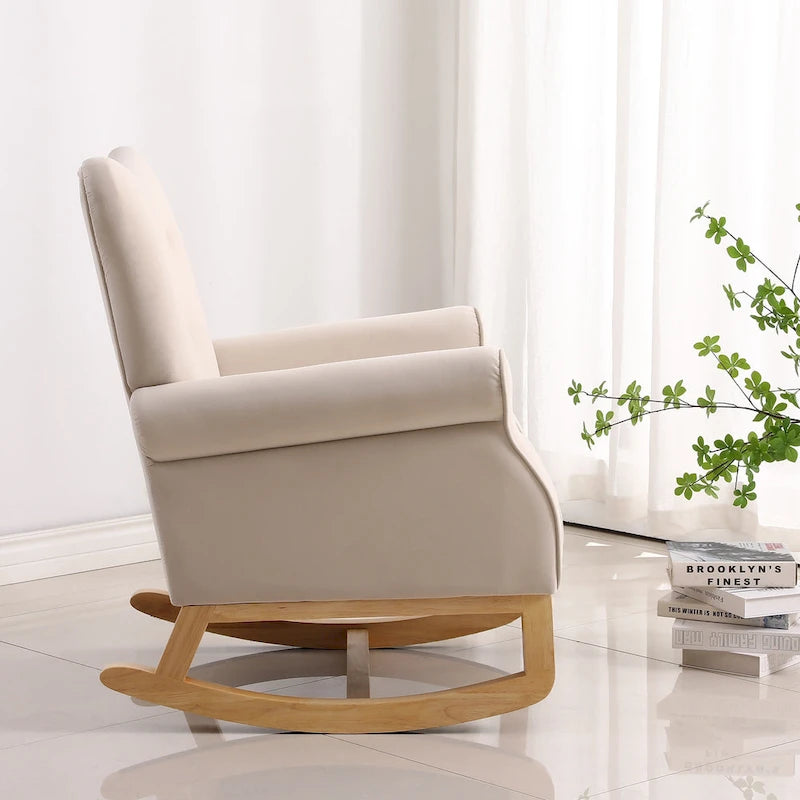 Fauteuil à bascule d'appoint en velours à dossier haut avec pieds en bois massif