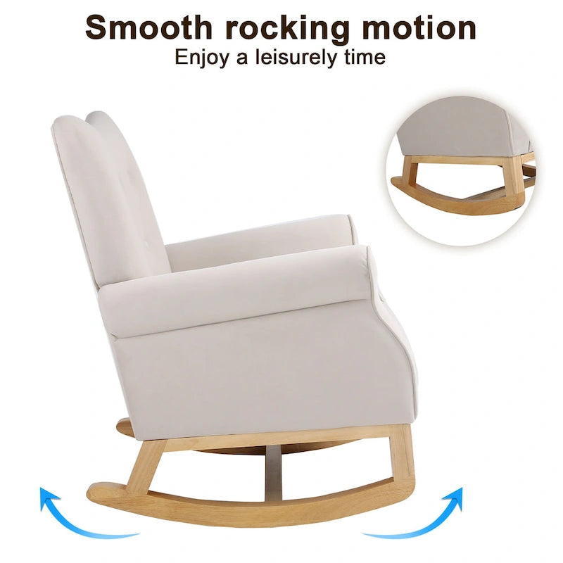 Fauteuil à bascule d'appoint en velours à dossier haut avec pieds en bois massif