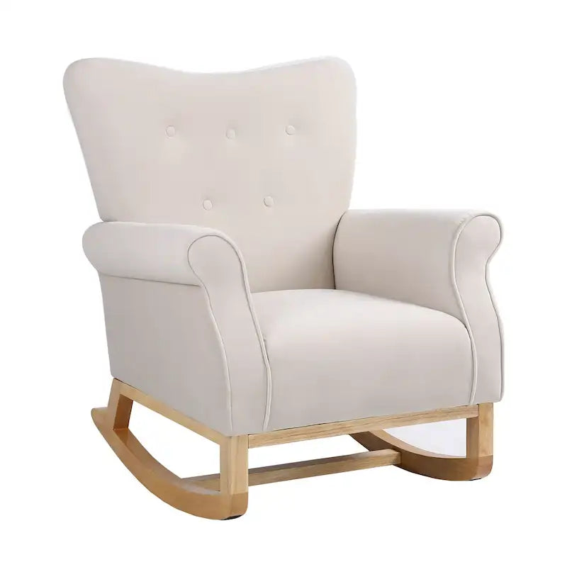 Fauteuil à bascule d'appoint en velours à dossier haut avec pieds en bois massif