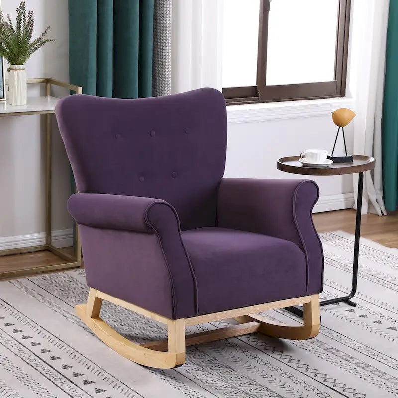 Fauteuil à bascule d'appoint en velours à dossier haut avec pieds en bois massif
