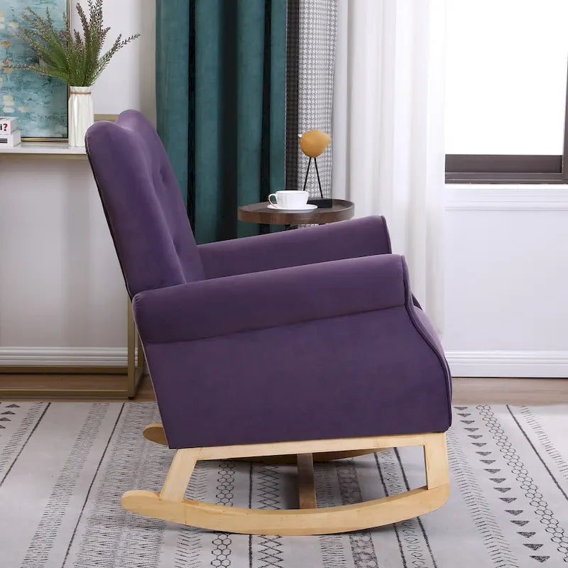 Fauteuil à bascule d'appoint en velours à dossier haut avec pieds en bois massif