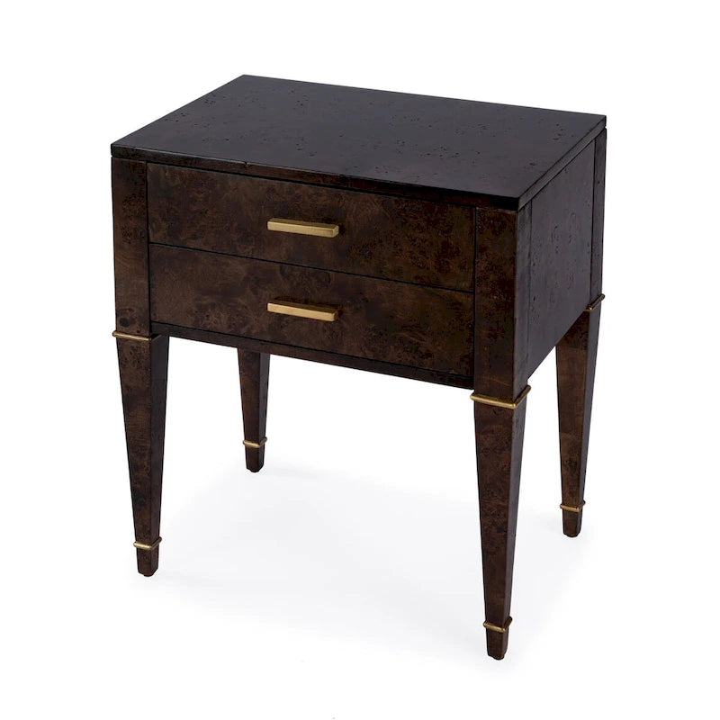 Table d'appoint placage loupe avec 2 tiroirs et pieds coniques dorés, style Mid-Century
