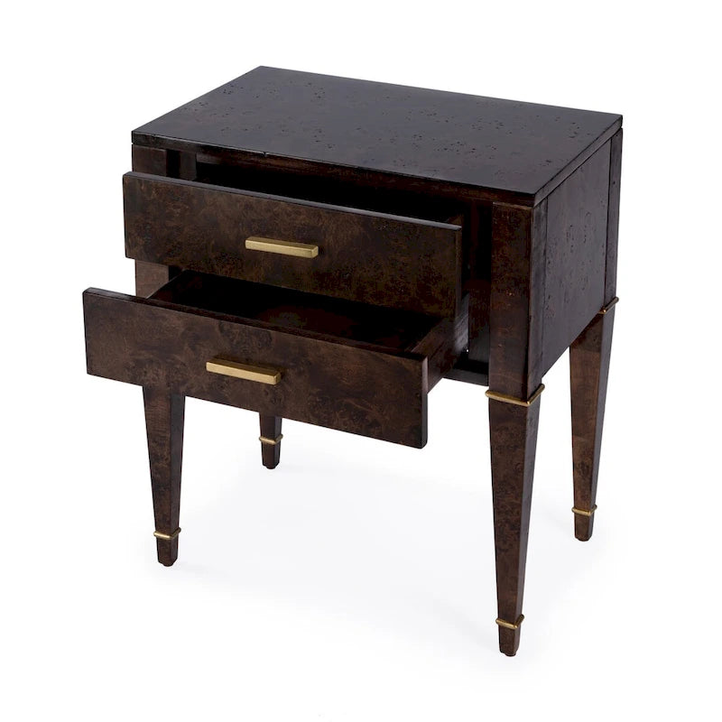 Table d'appoint placage loupe avec 2 tiroirs et pieds coniques dorés, style Mid-Century