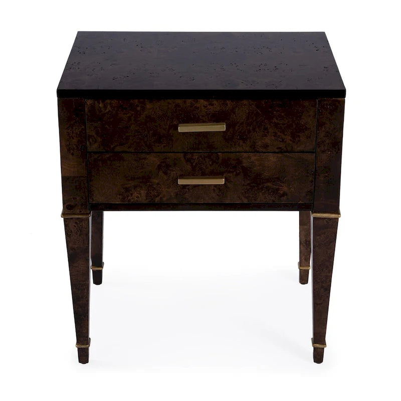 Table d'appoint placage loupe avec 2 tiroirs et pieds coniques dorés, style Mid-Century